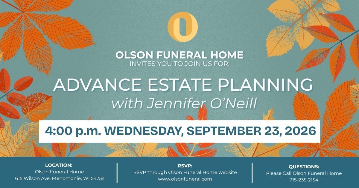 Olson Funeral Home estate planning event flyer with orange leaves, blue background, and September 23, 2026 date