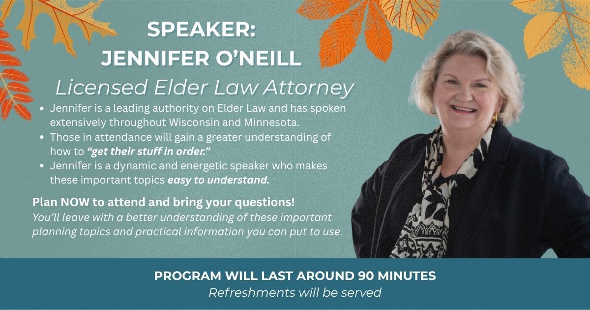 Promotional flyer for speaker Jennifer O’Neil, with her photo on a teal floral background and event details.