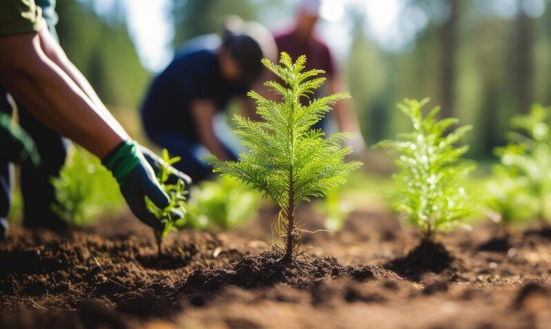 Hands in gloves plant small saplings in soil at a sunny outdoor garden.