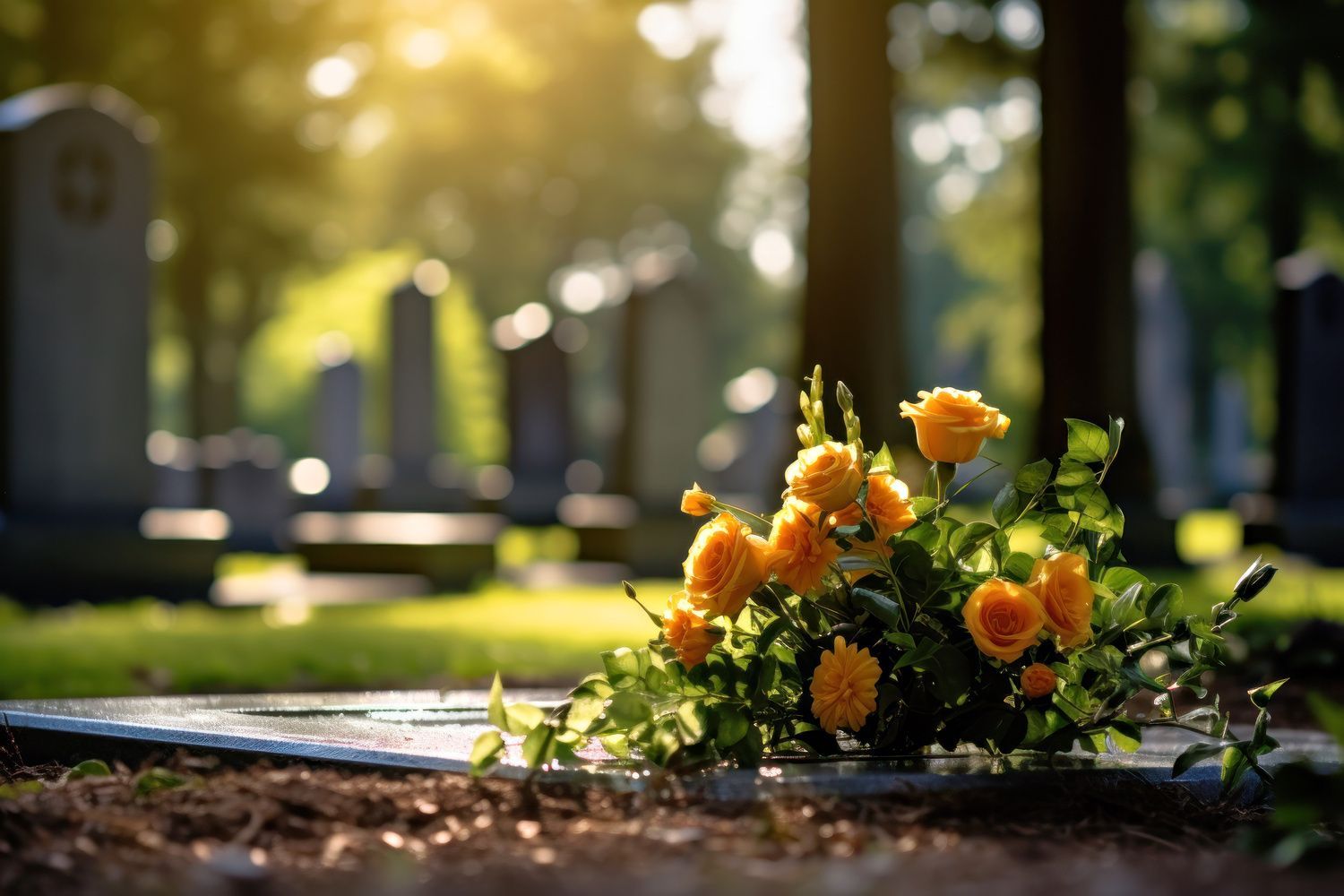 Yellow flowers arranged on a grave in a sunlit cemetery