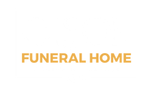 Orange “FUNERAL HOME” text on a white background