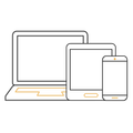 Laptop, tablet, and smartphone icons with orange accents, representing responsive devices