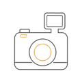 Outline of a camera icon with gray and orange accents, including a flash and viewfinder screen