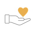 Outline of hand holding an orange heart icon