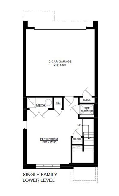 A black and white floor plan of a single family lower level.