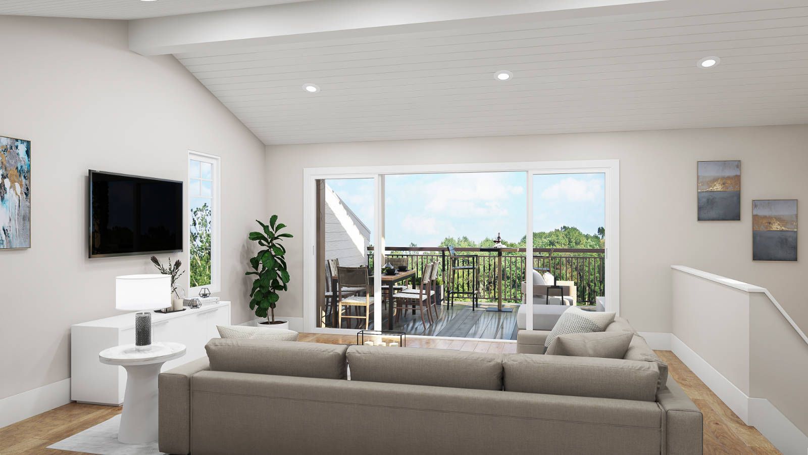 A living room with a couch , television , and sliding glass doors leading to a balcony.