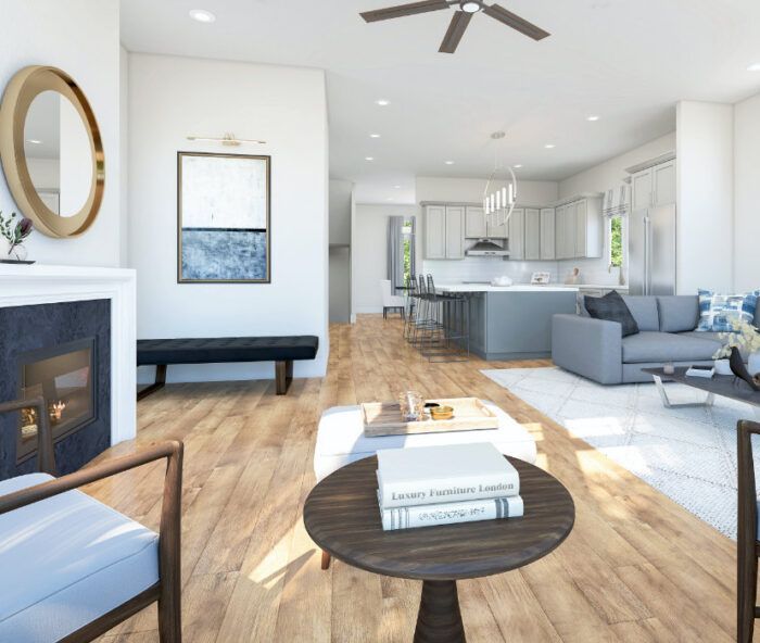 A living room with a fireplace and a ceiling fan