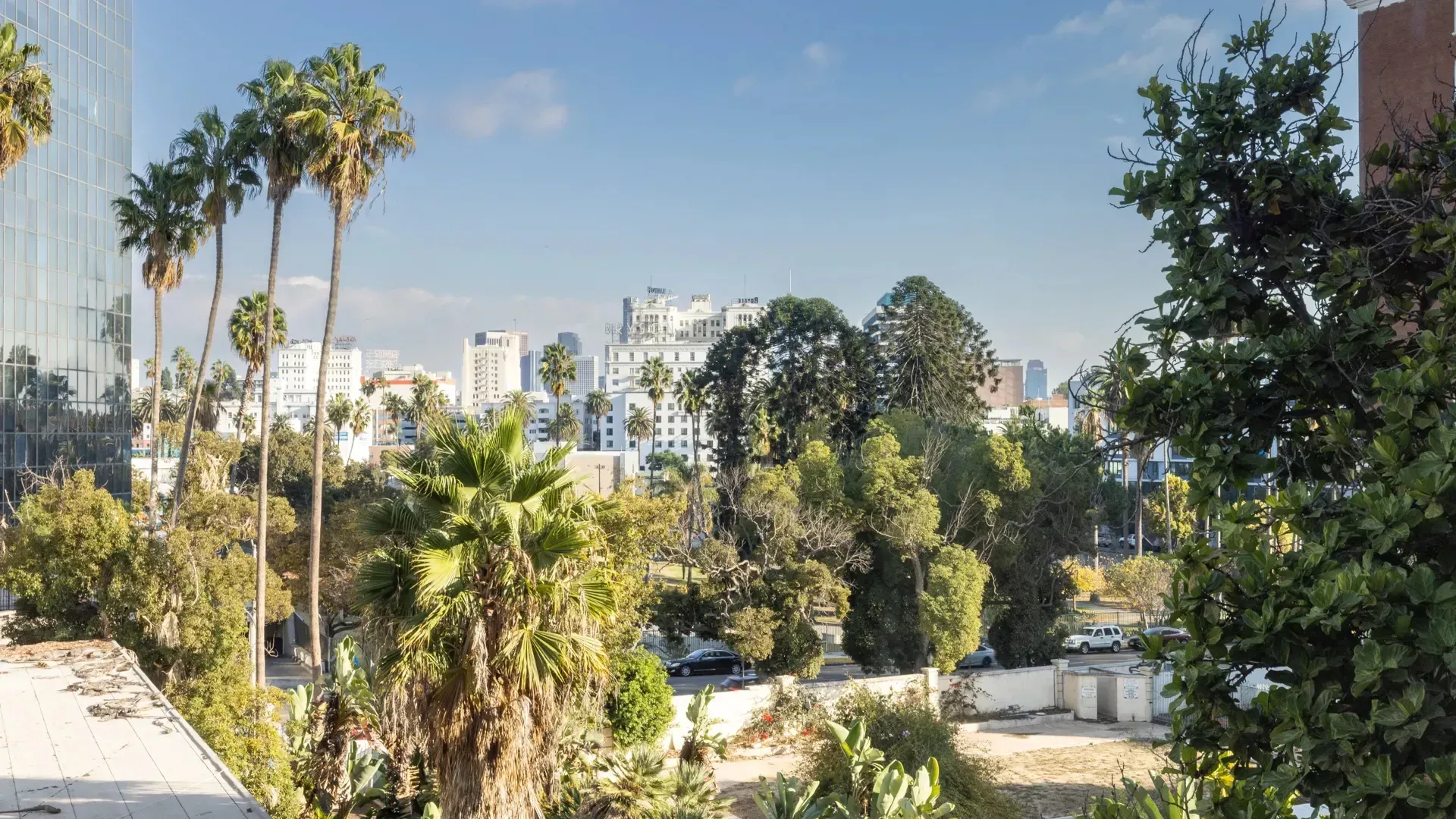 View of cityscape with palm trees and buildings at Next on Sixth Los Angeles