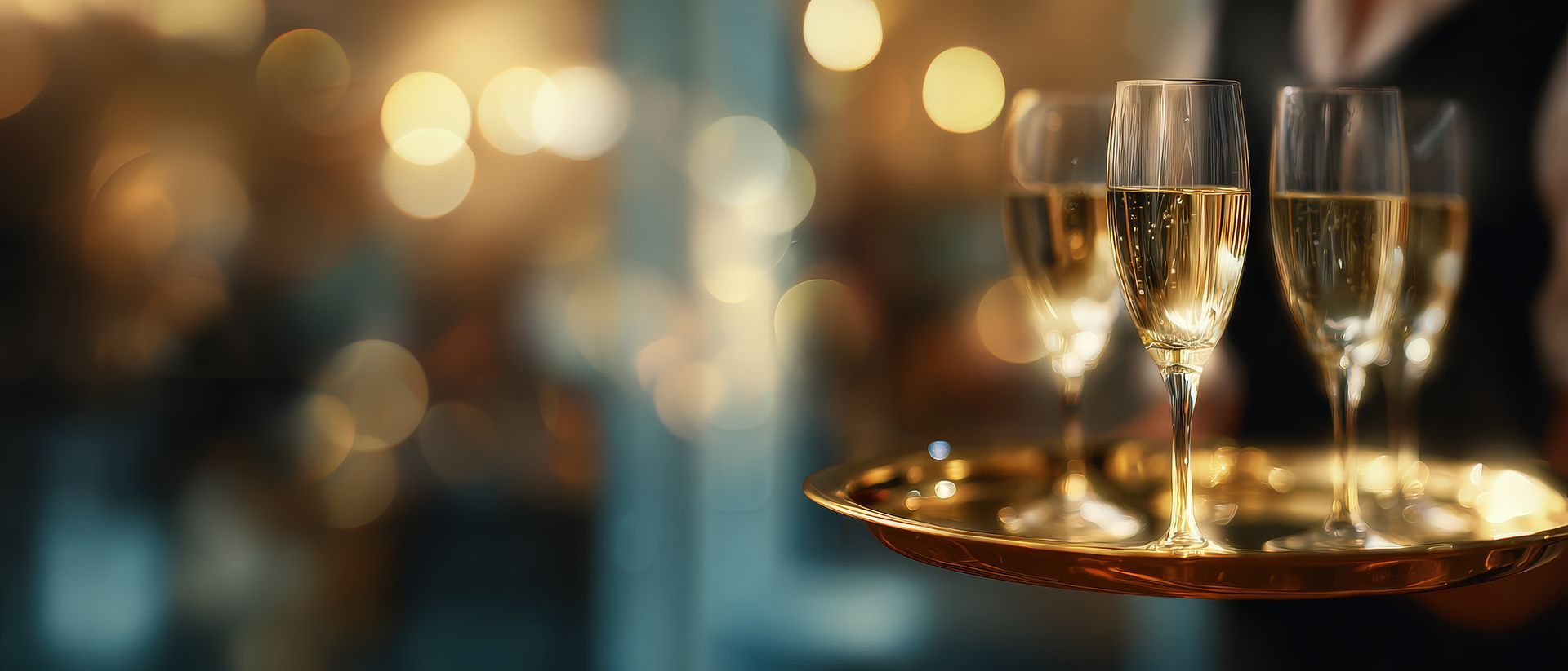 Flûtes à champagne sur un plateau doré, tenues par une personne. Fond flou aux tons chauds avec effet bokeh.