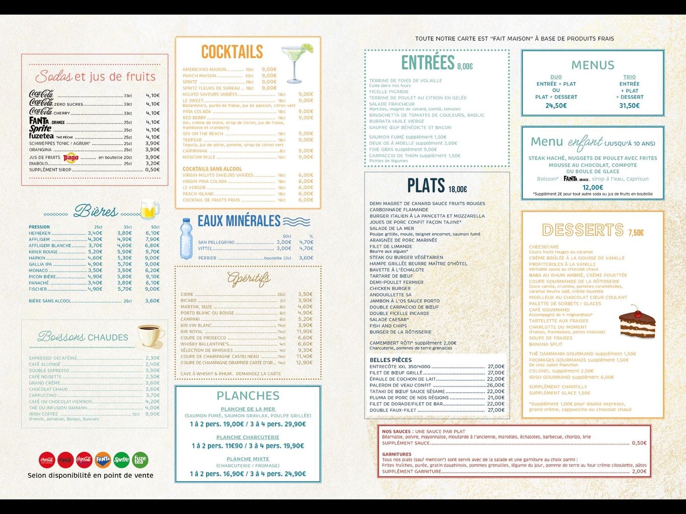 Carte de restaurant, fond marron, choix de plats variés, enfant mangeant une glace à côté.