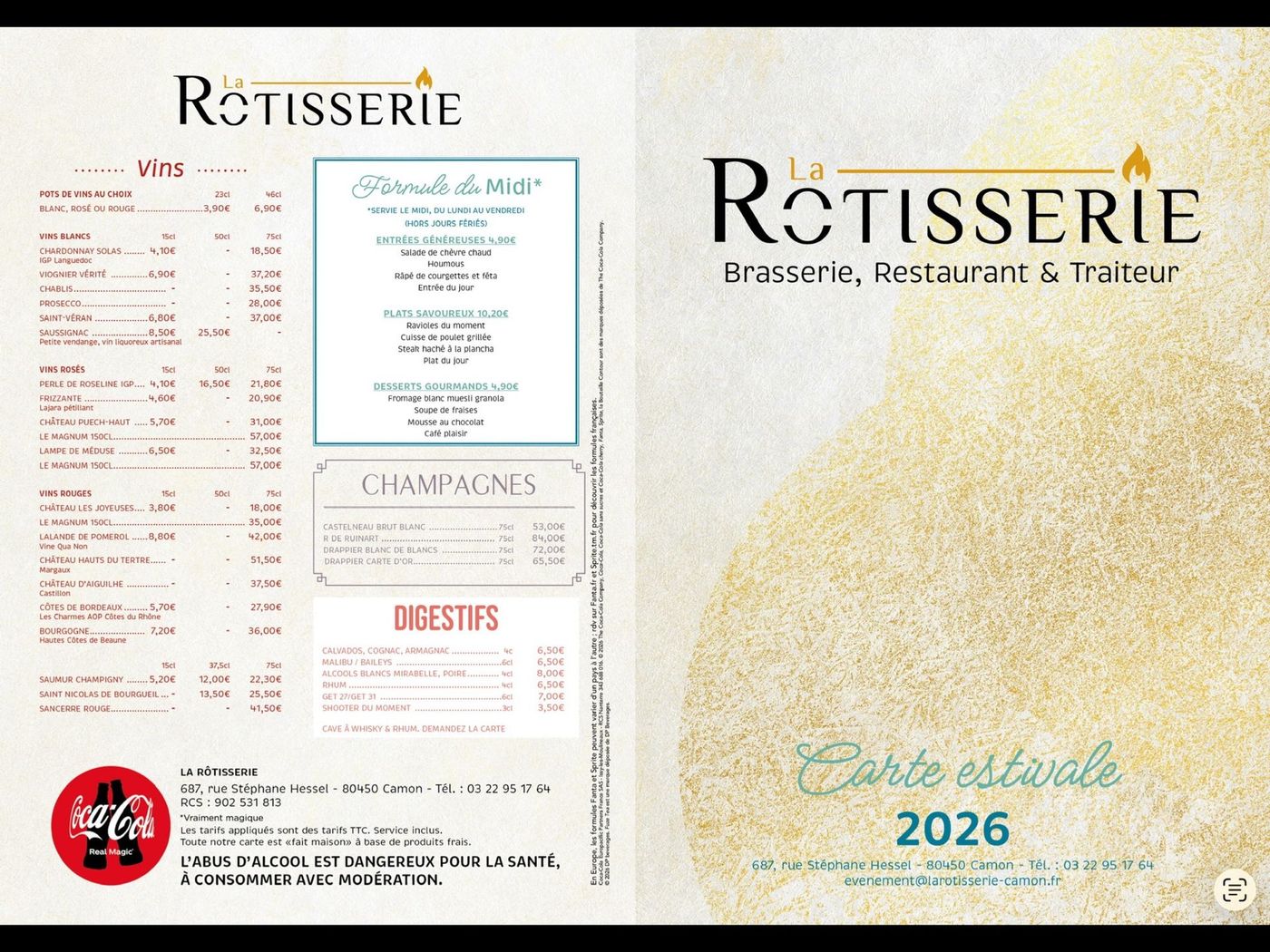 Carte du restaurant « La Rotisserie », fond marron foncé, proposant des formules déjeuner, des entrées et des plats.