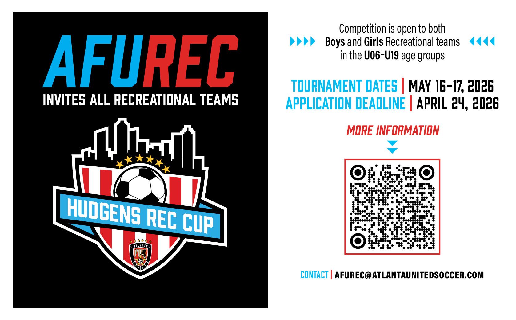 Soccer tournament flyer: AFUREC invites recreational teams to the Hudgens Rec Cup. Dates: May 16-17, 2026. Application deadline: April 24, 2026.