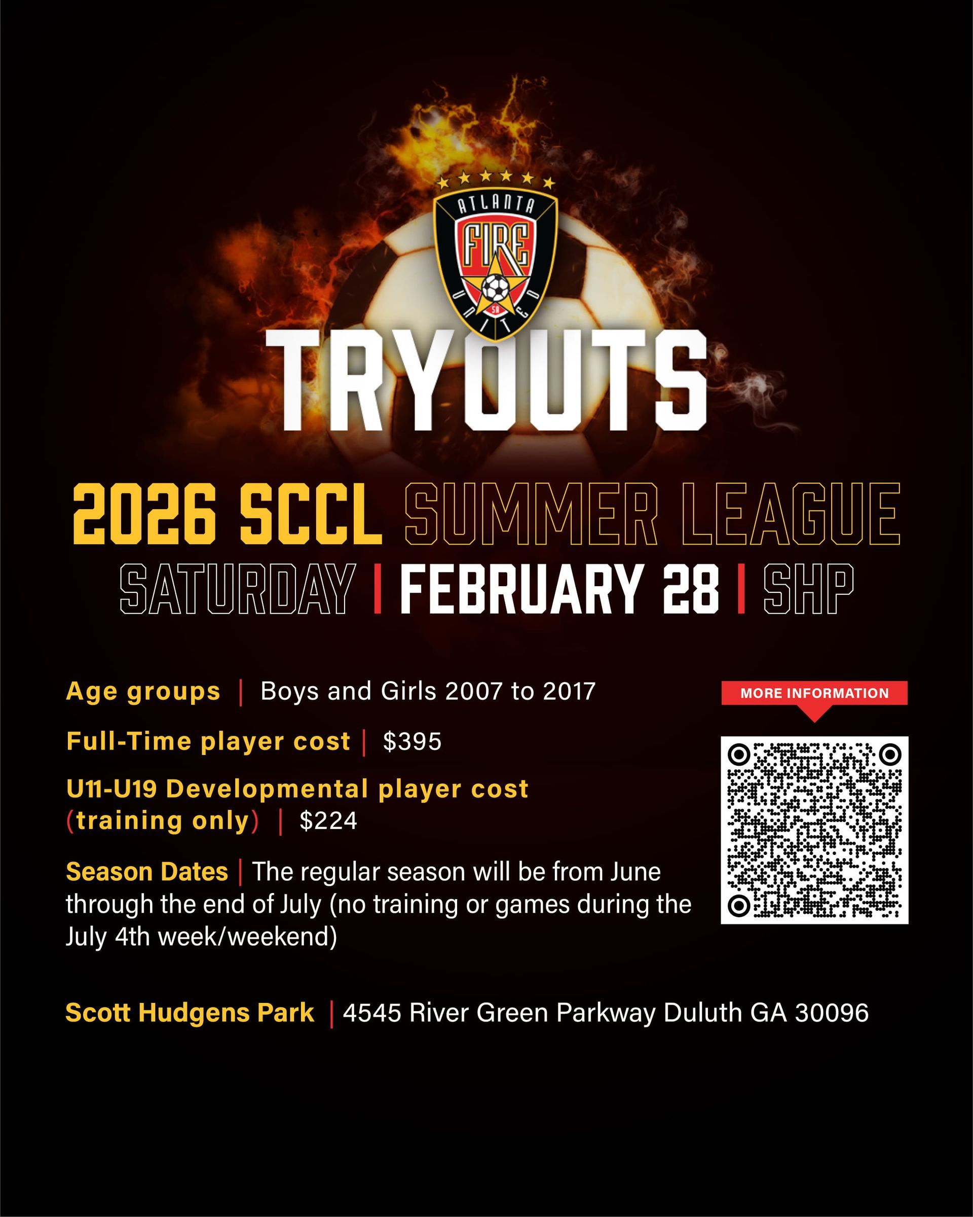 Soccer tryouts flyer for the 2026 SCCL Summer League on February 28. Details: age groups, costs, season dates, and location.