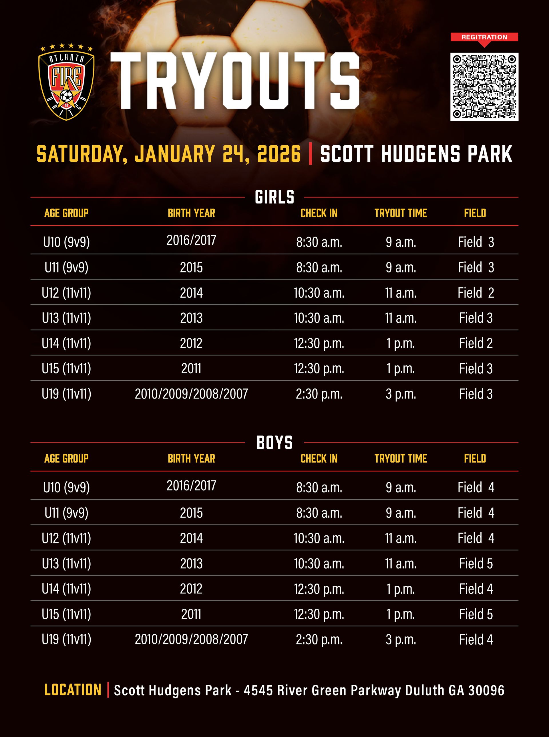 Soccer tryout flyer at Scott Hudgens Park, January 24, 2026. Includes times for girls & boys age groups and fields.
