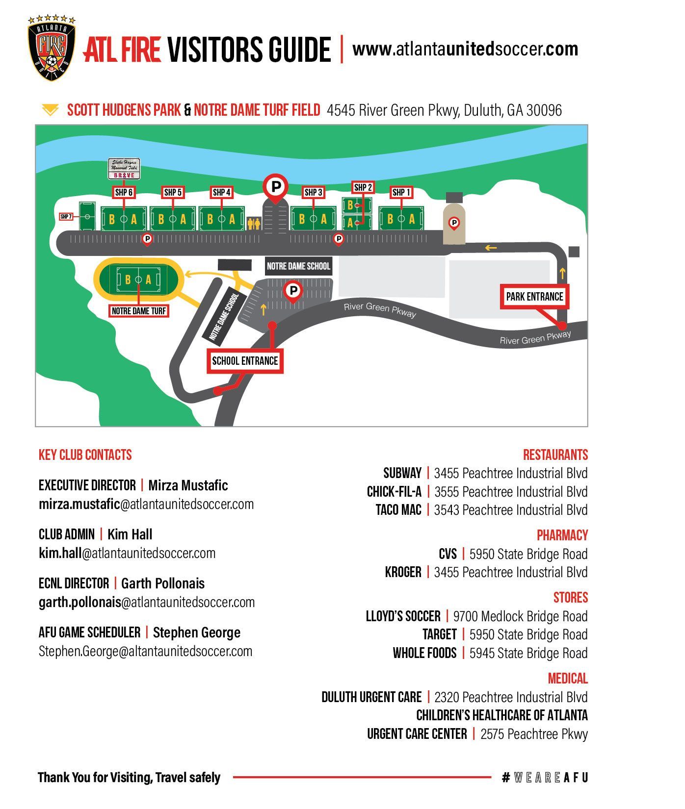 Atlanta United soccer visitors guide. Map of soccer field and surrounding area, with vendor and parking information.