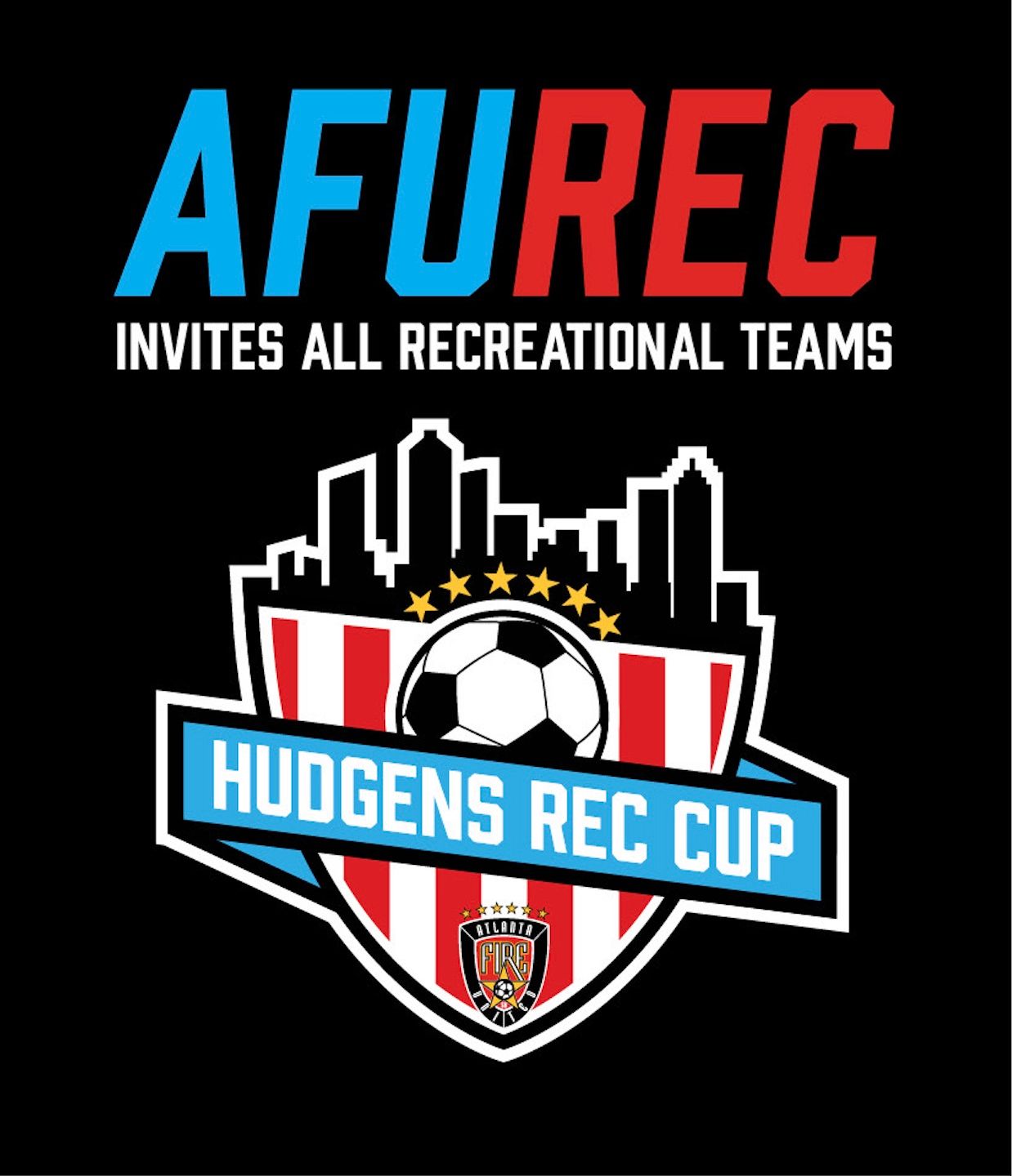 Soccer tournament flyer: AFUREC invites recreational teams to the Hudgens Rec Cup. Dates: May 16-17, 2026. Application deadline: April 24, 2026.
