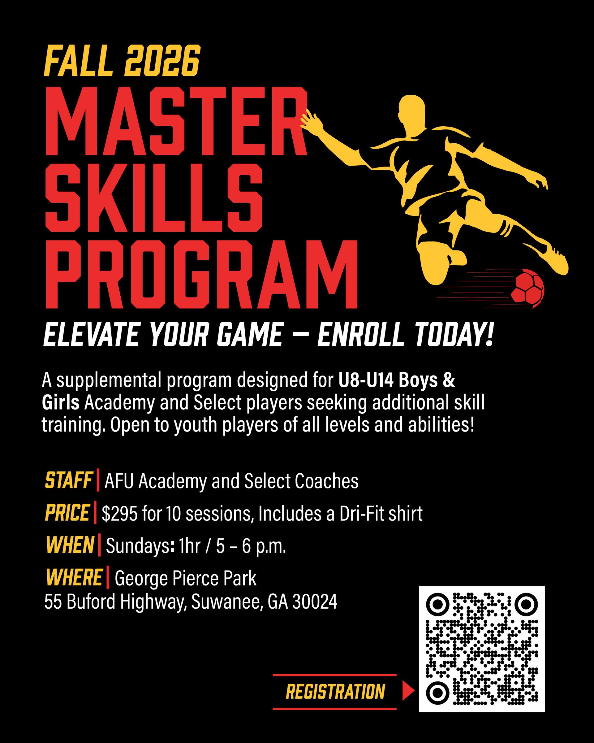 Soccer skills program advertisement. Silhouetted player with ball. Text includes: