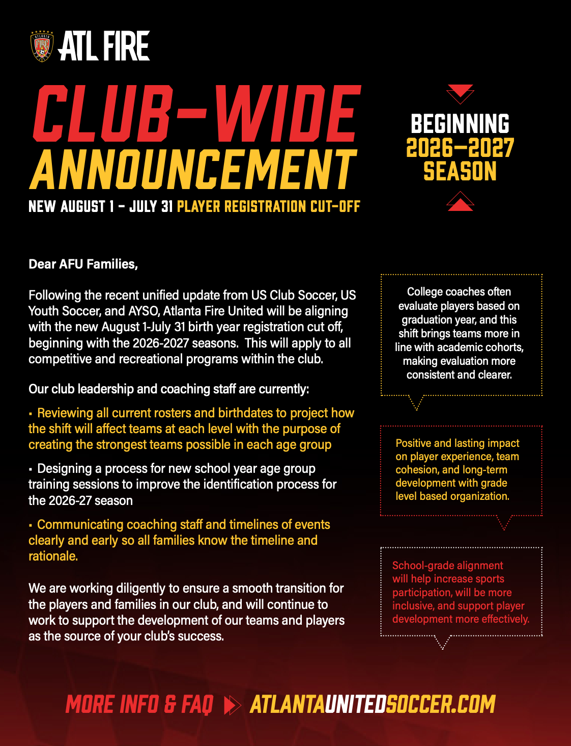 Atlanta Fire club-wide announcement about new player registration cutoff for 2026-2027 season.
