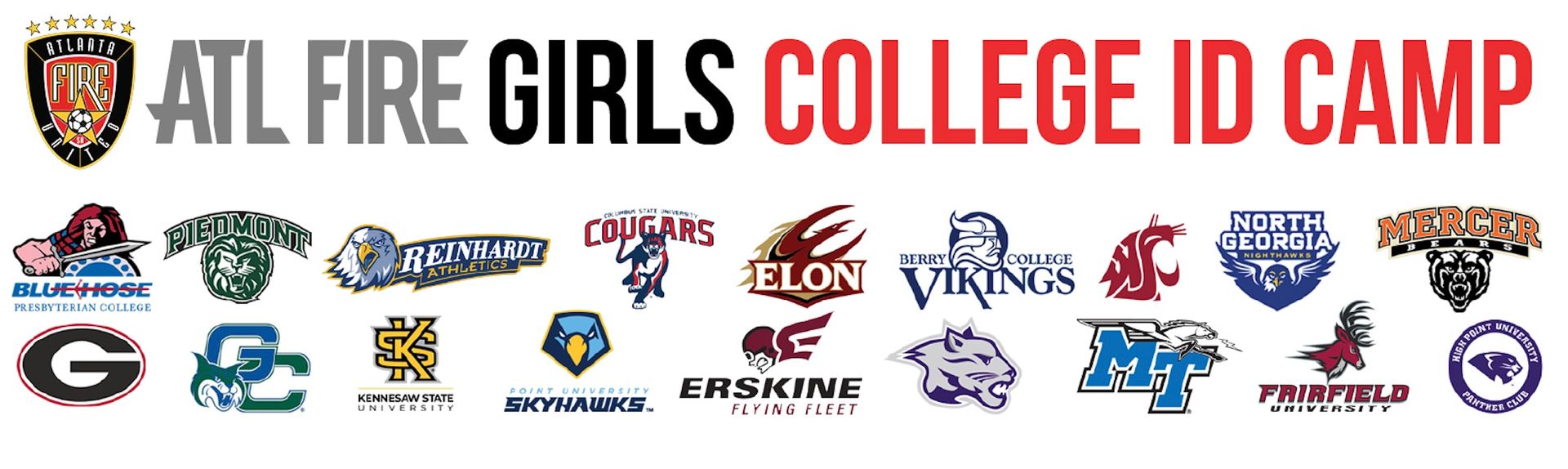 ATL Fire Girls College ID Camp logo with various college logos below.