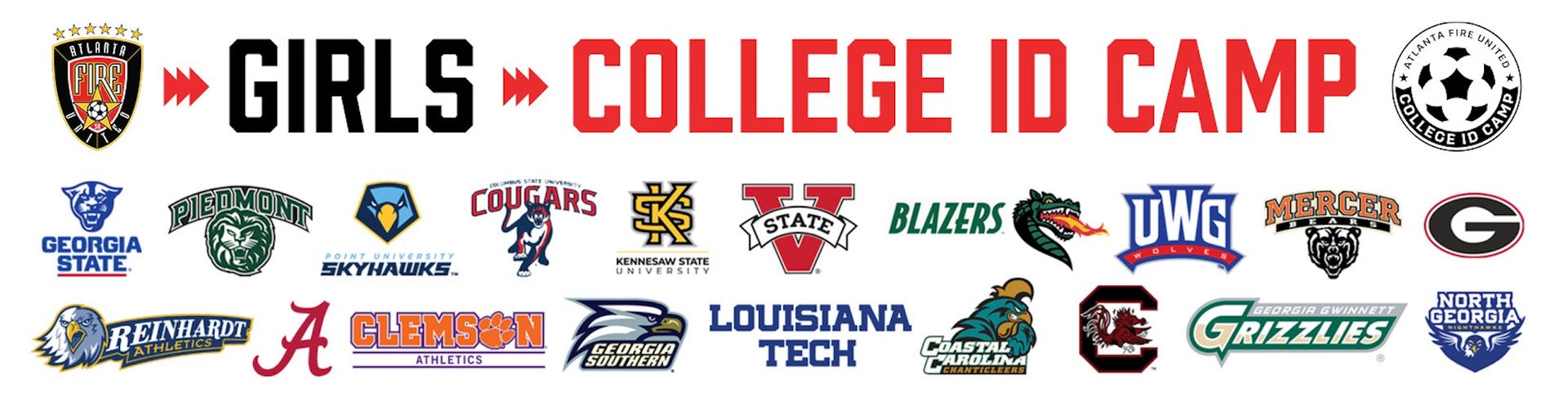 Girls College ID Camp logo with soccer ball and college team logos.