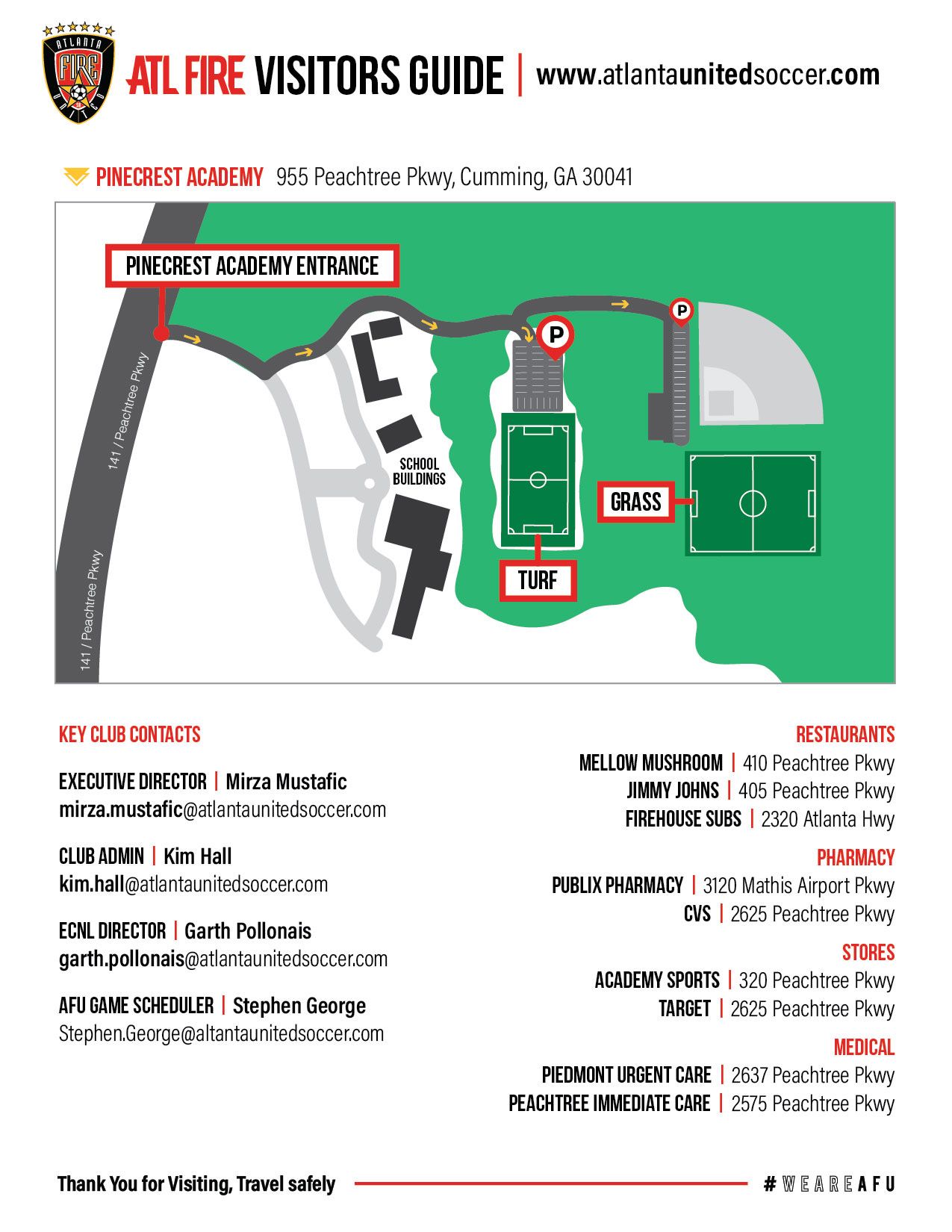 Atlanta Fire Visitors Guide map of the Fire's Academy with directions. Includes contact info and field locations.