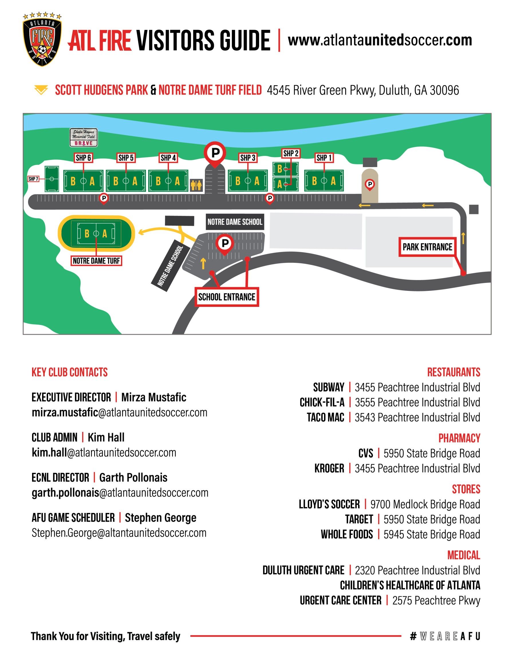 Atlanta United soccer stadium visitors guide map with parking, entry points, and services.