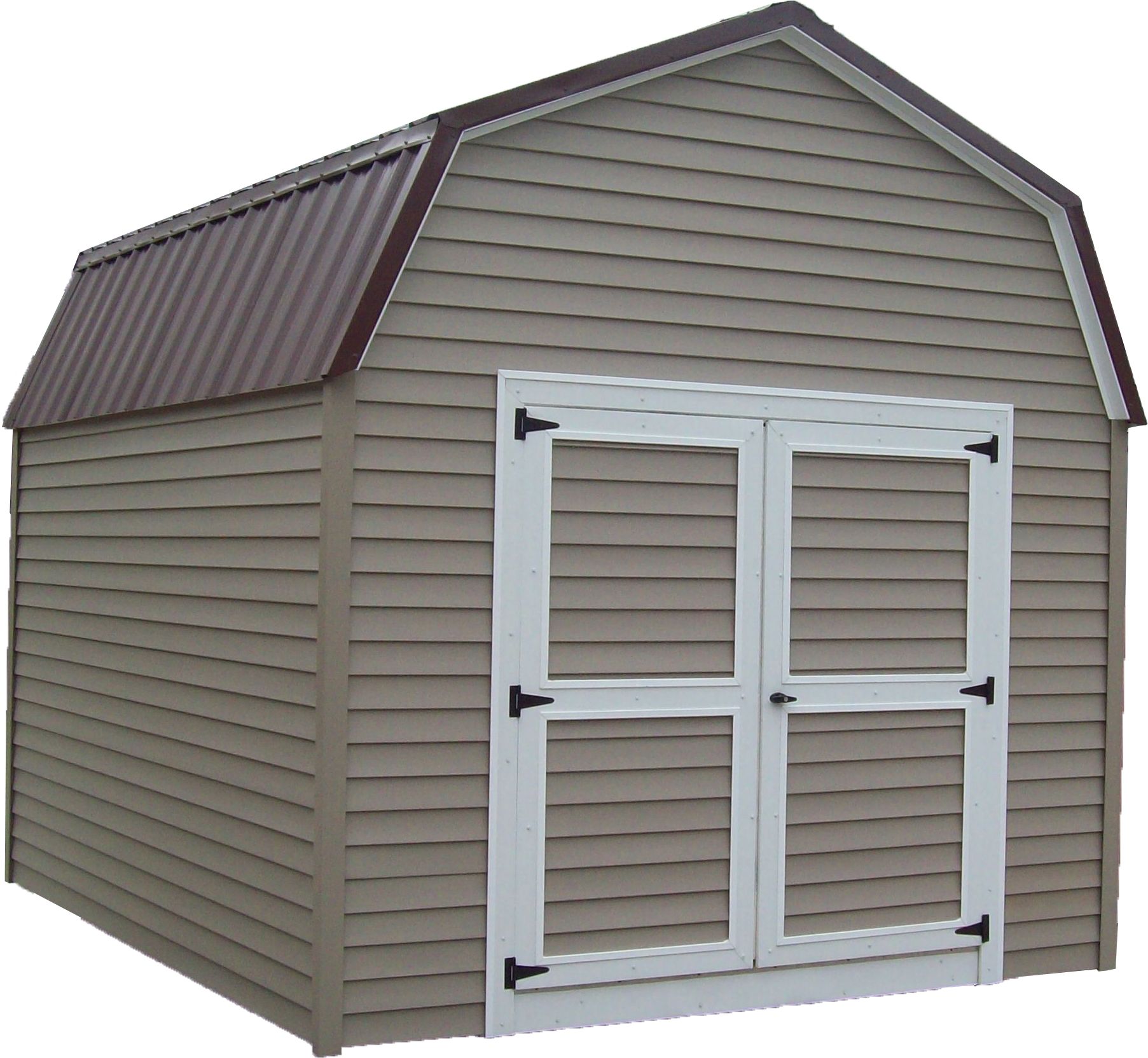 Small beige storage shed with a brown roof and white double doors on a white background