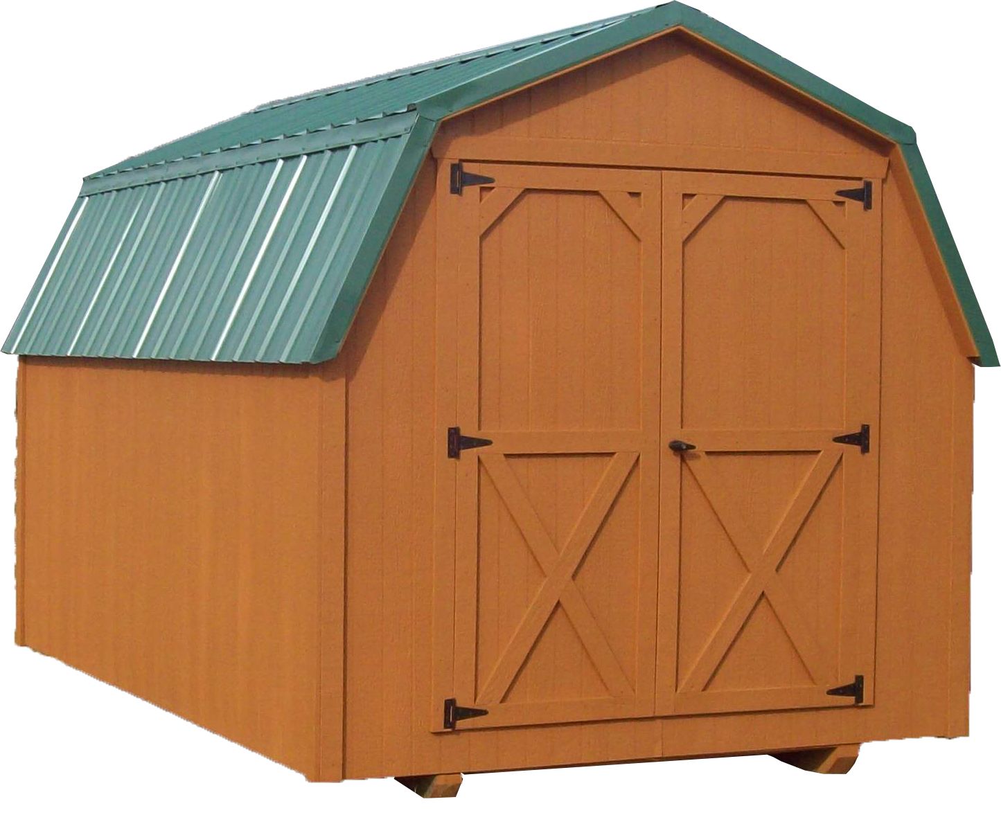Orange wooden storage shed with green metal roof and double front doors