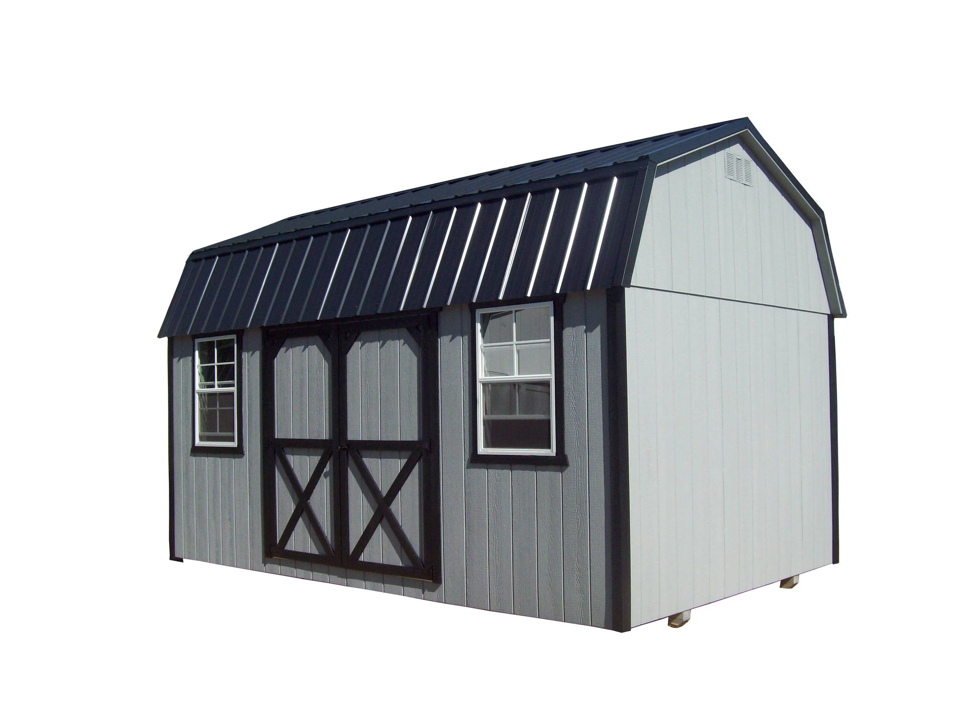 Small gray-and-white garden shed with a black roof and double doors on a white background