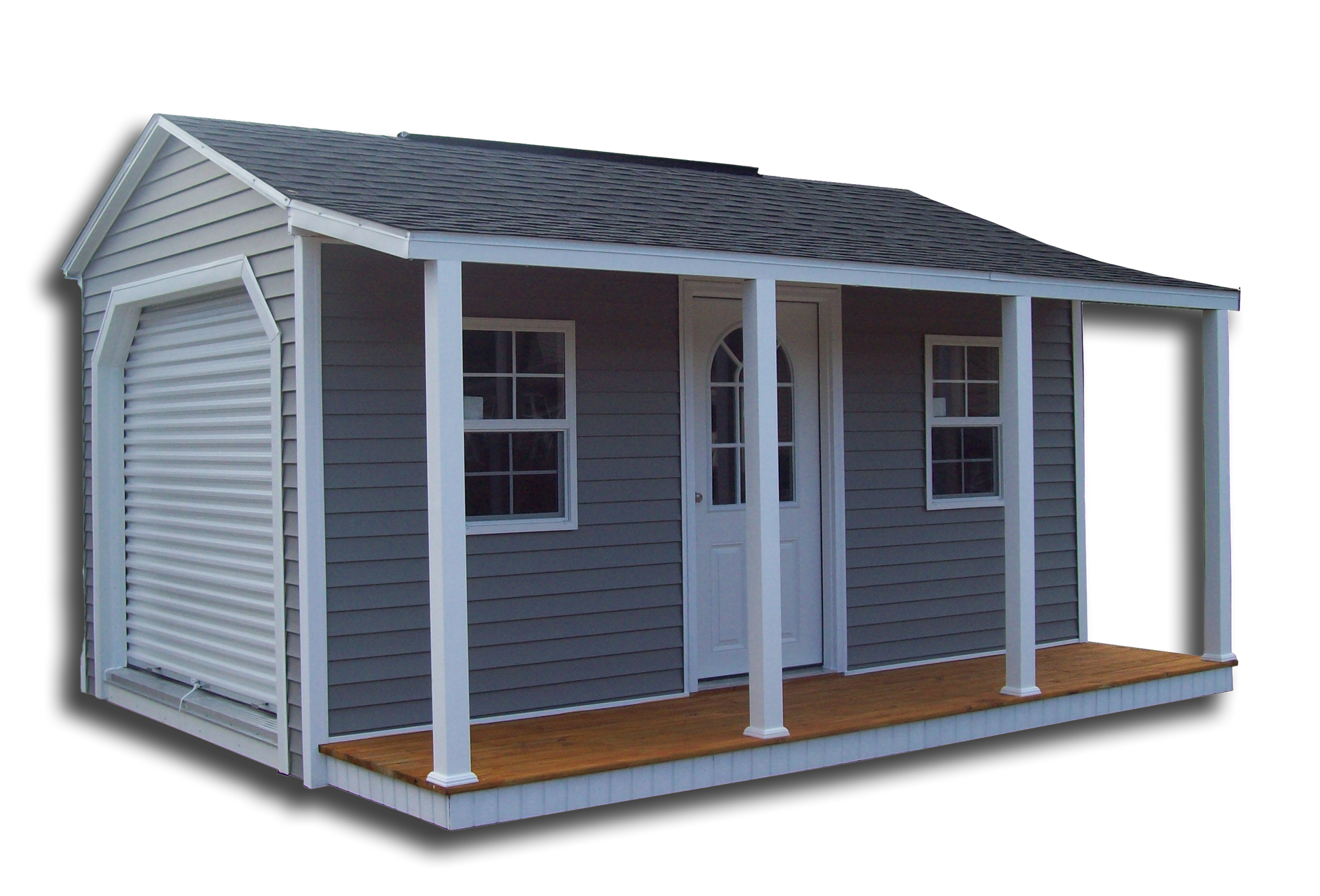 Small gray house-style shed with a white porch, dark roof, and two windows