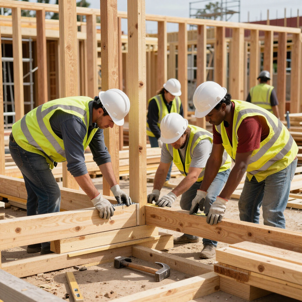 Obreros de la construcción con cascos y chalecos de seguridad levantando la estructura de una casa de madera en una obra.