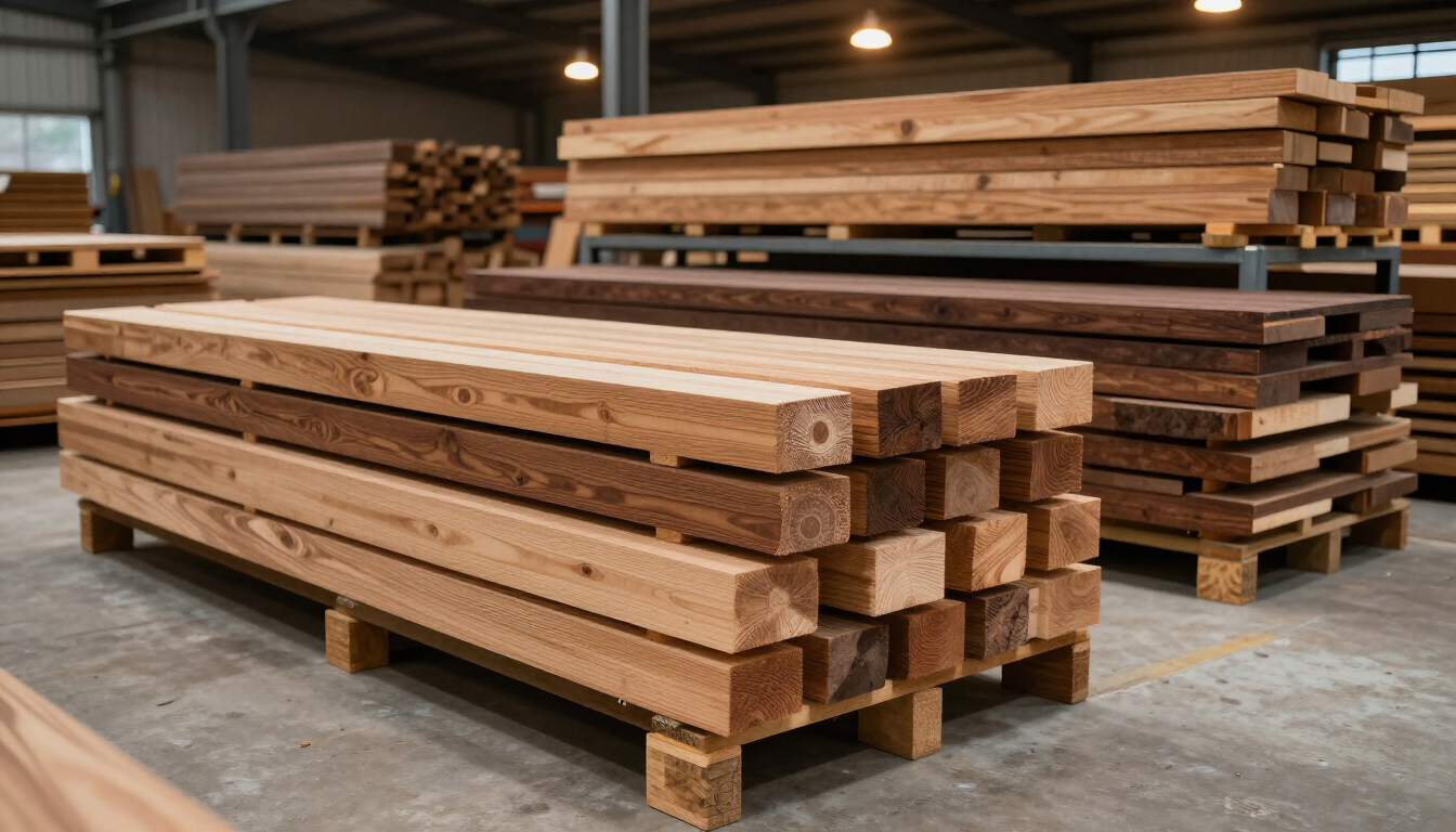 Montones de madera apilados sobre palés de madera en un almacén o aserradero.