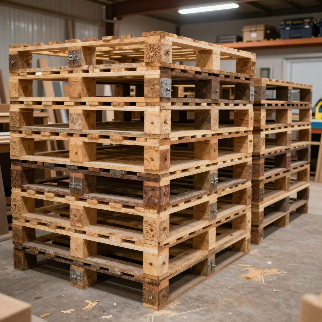 Palets de madera apilados en un almacén o taller interior.