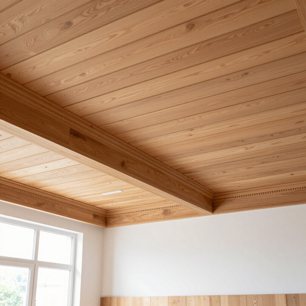Techo revestido de madera con vigas a la vista sobre una habitación blanca y luminosa y una ventana.