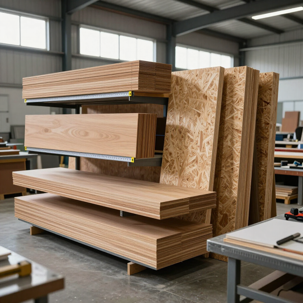 Tableros de madera contrachapada y OSB apilados y almacenados en un taller de almacén.