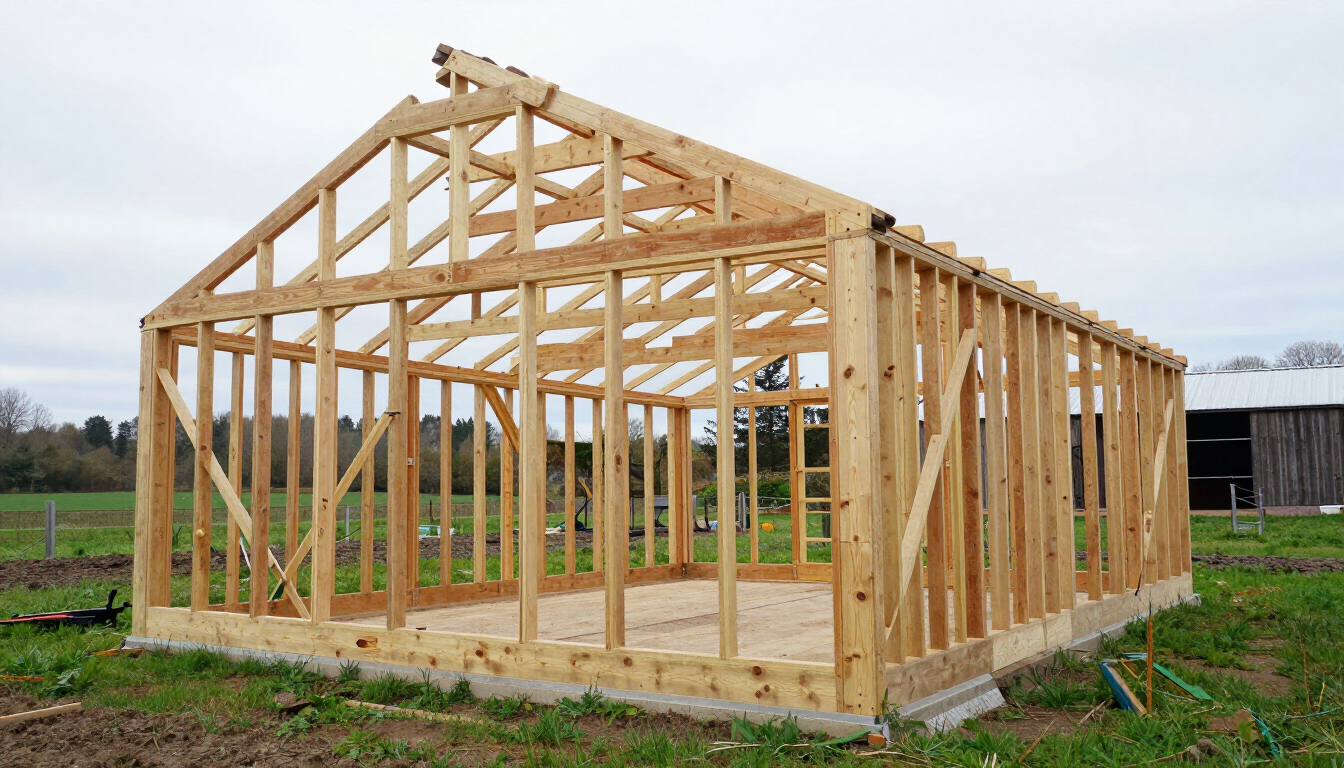 Casa con estructura de madera en construcción sobre una base de hormigón en un campo cubierto de hierba.