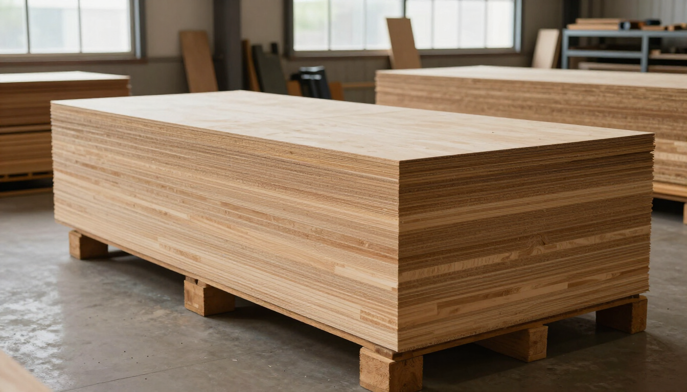 Pila de láminas de madera contrachapada sobre un palé en un taller.