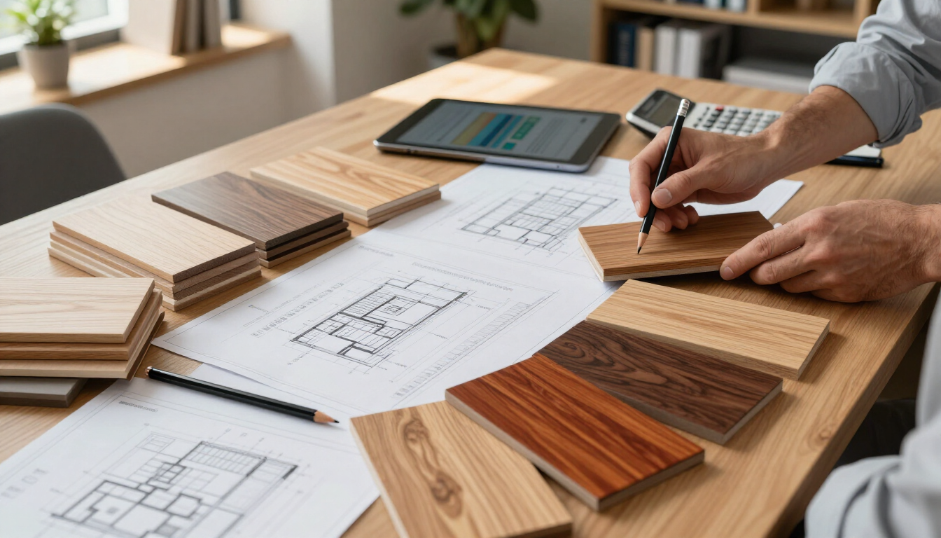 Manos examinando muestras de madera y planos de planta sobre una mesa con una tableta cerca.