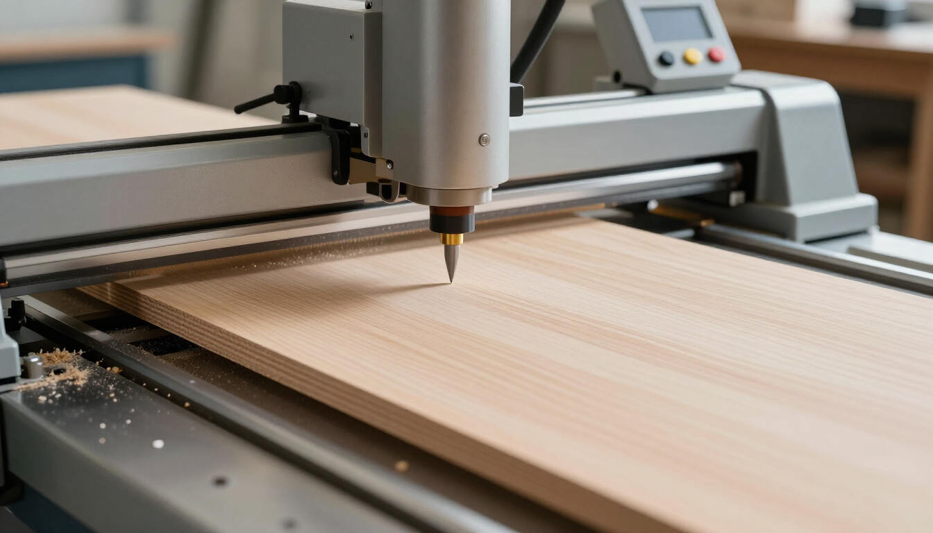 Fresadora CNC cortando una tabla de madera ligera en un taller, con aserrín esparcido cerca.