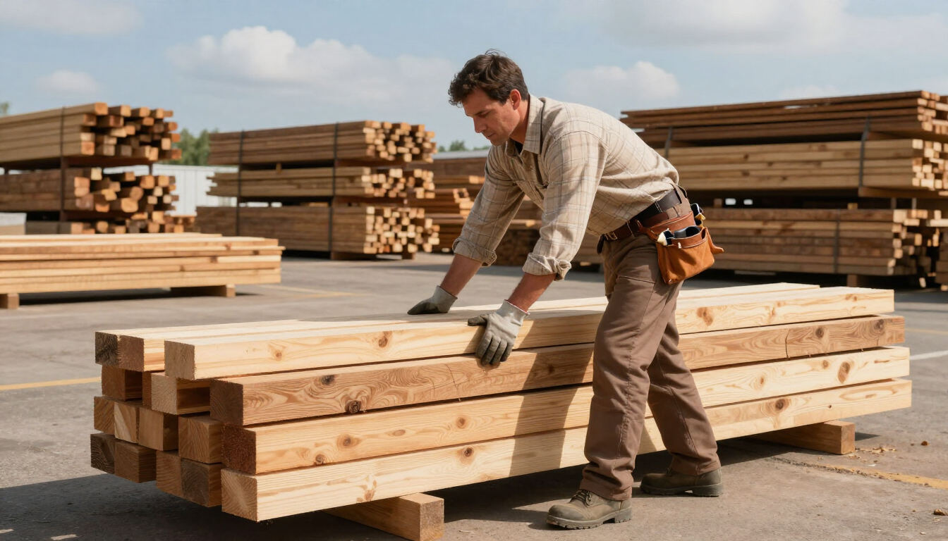 Trabajador levantando pilas de madera en un aserradero, con montones de madera al fondo.