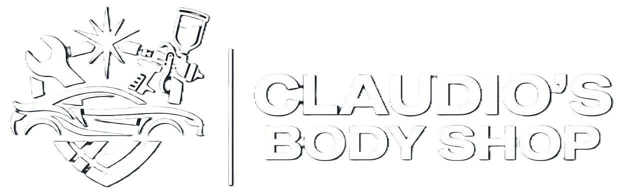 A logo for Claudio&rsquo;s Body Shop featuring an icon of a car, wrench, and paint spray gun next to the company name.