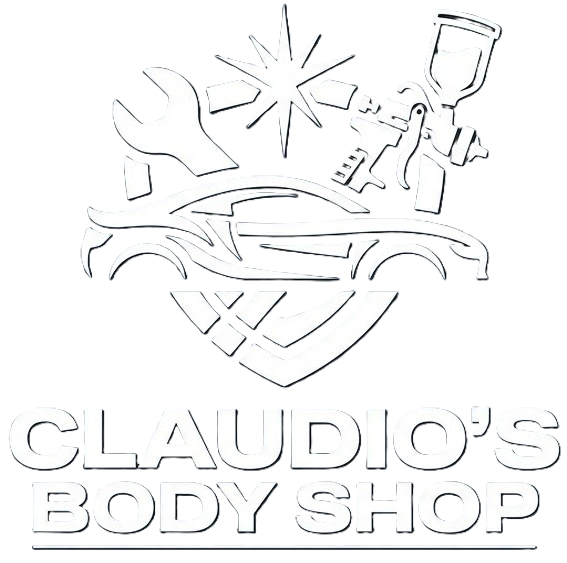 Logo for Claudio’s Body Shop featuring a car, a wrench, and a paint sprayer inside a shield shape.