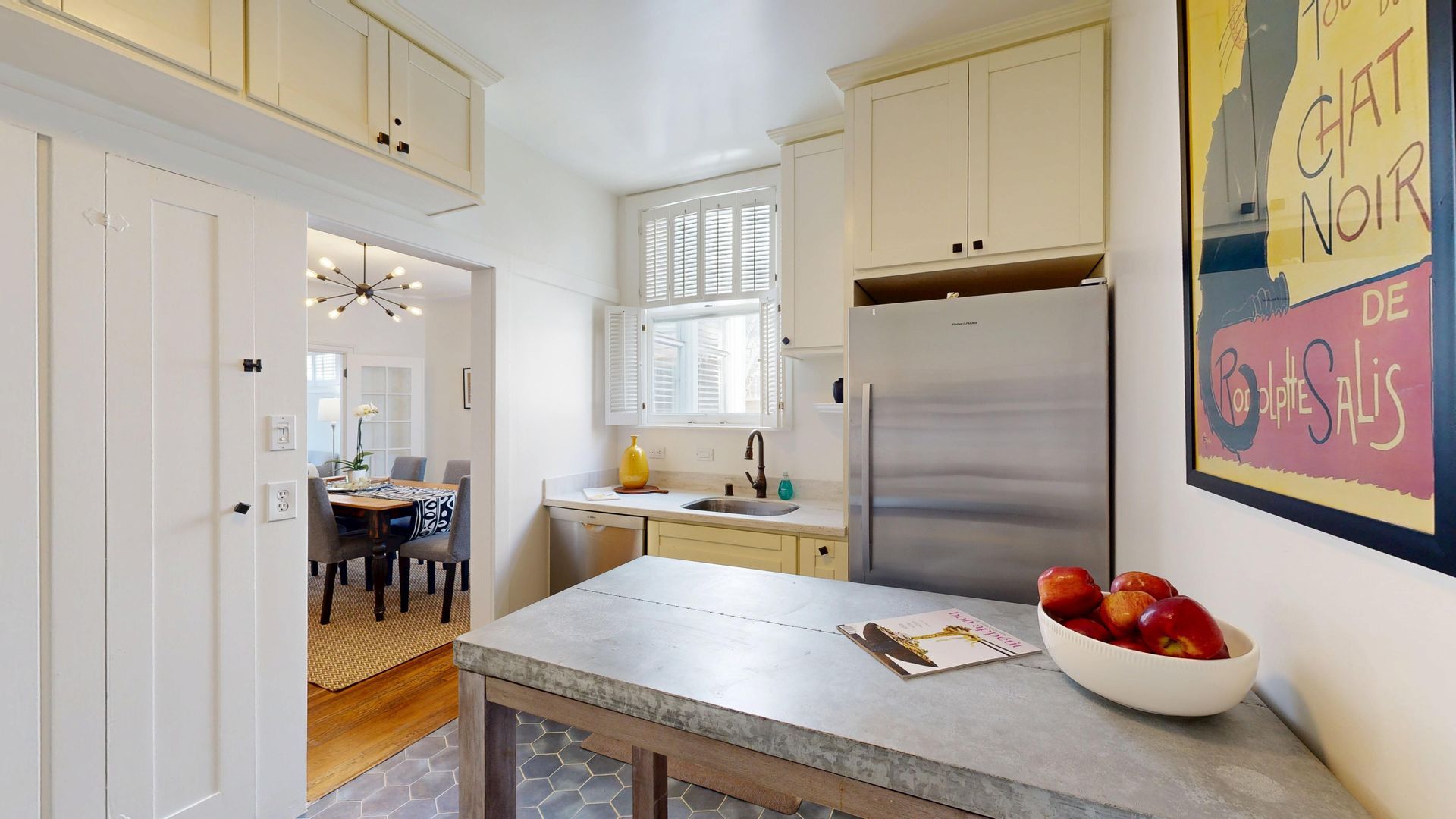 kitchen refrigerator dishwasher peek to dining room