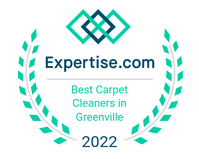 Expertise.com award: Best Carpet Cleaners in Greenville, 2022. Teal wreath around logo with overlapping squares.