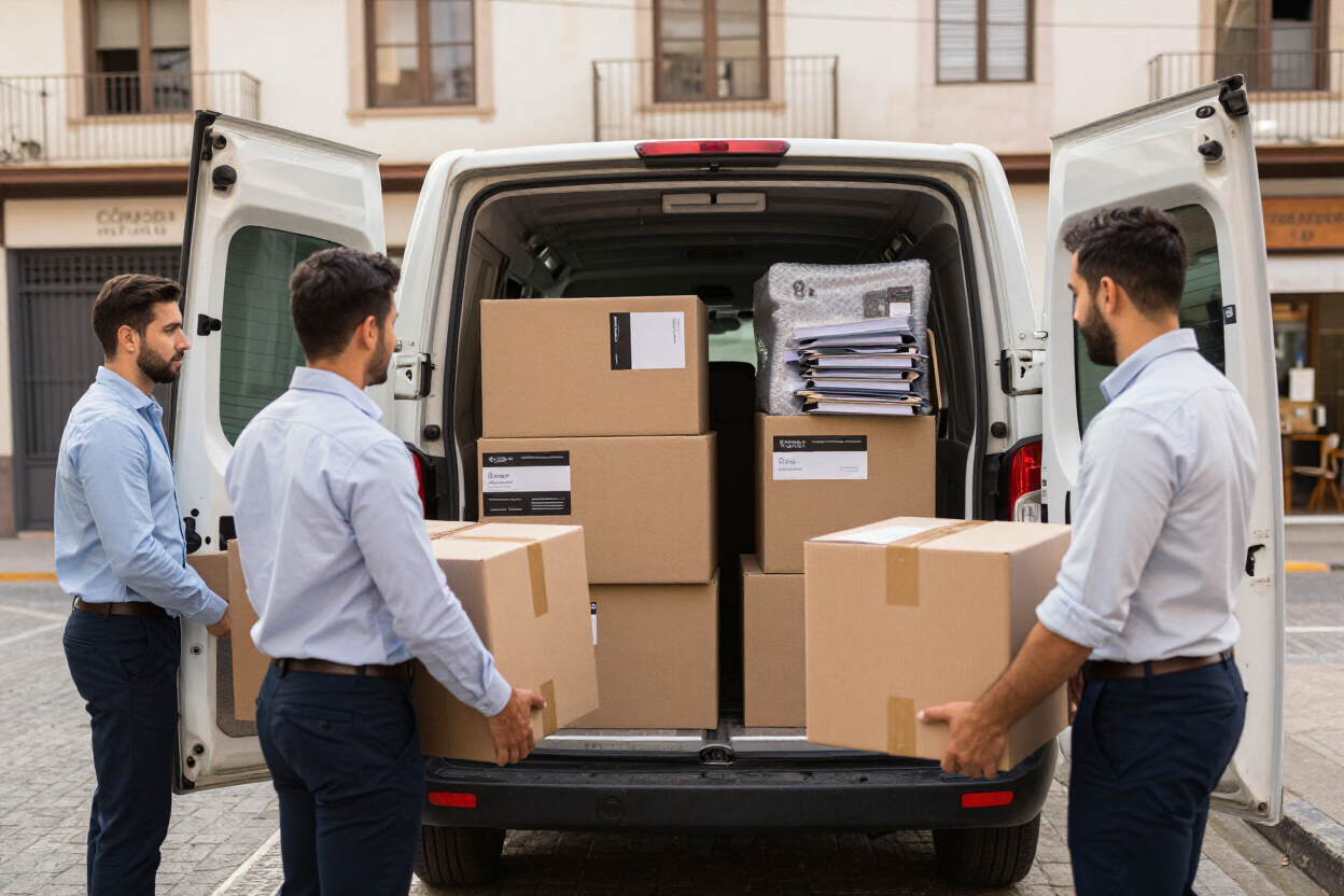 Dos hombres cargando cajas de cartón en una furgoneta de reparto en una calle residencial.