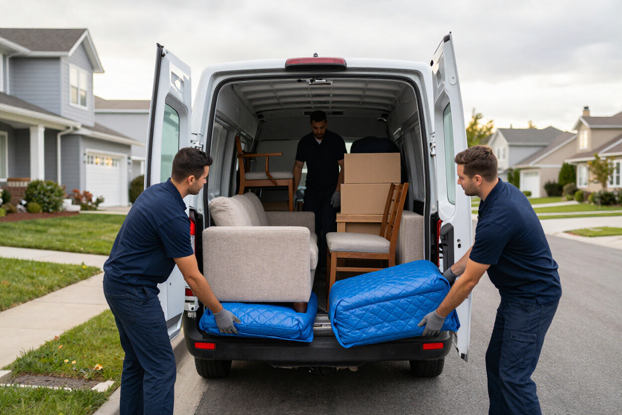 Tres operarios de mudanzas descargan muebles y cajas de una furgoneta blanca en una calle de las afueras.