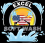 Logo for Excel Soft Wash featuring a water-spraying nozzle graphic over a U.S. map, surrounded by water splashes.