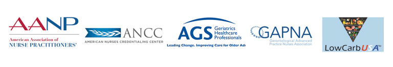 Logos of medical organizations including AANP, ANCC, AGS, GAPNA, and LowCarb USA.