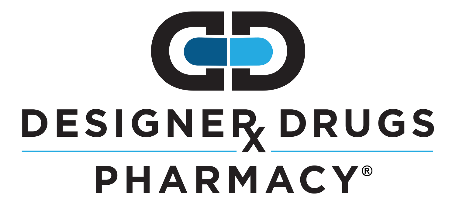Logo for Designer Drugs Pharmacy, featuring a black and blue capsule design above the text.