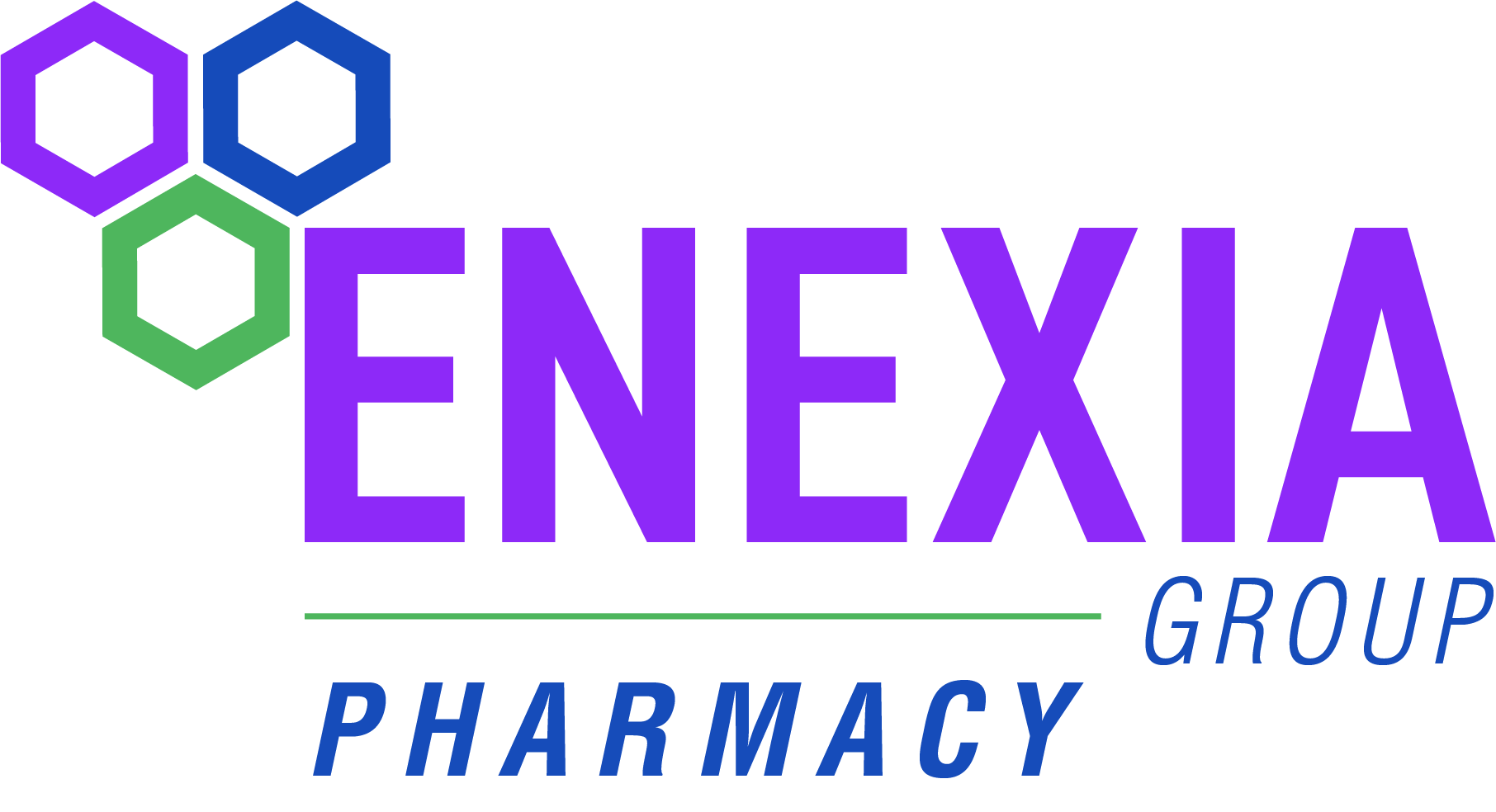 Logo for Enexia Group Pharmacy with purple, green, and blue hexagon shapes and text.